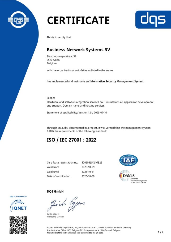 ISO 27001 : 2022 Certificaat BNS & HostYou
