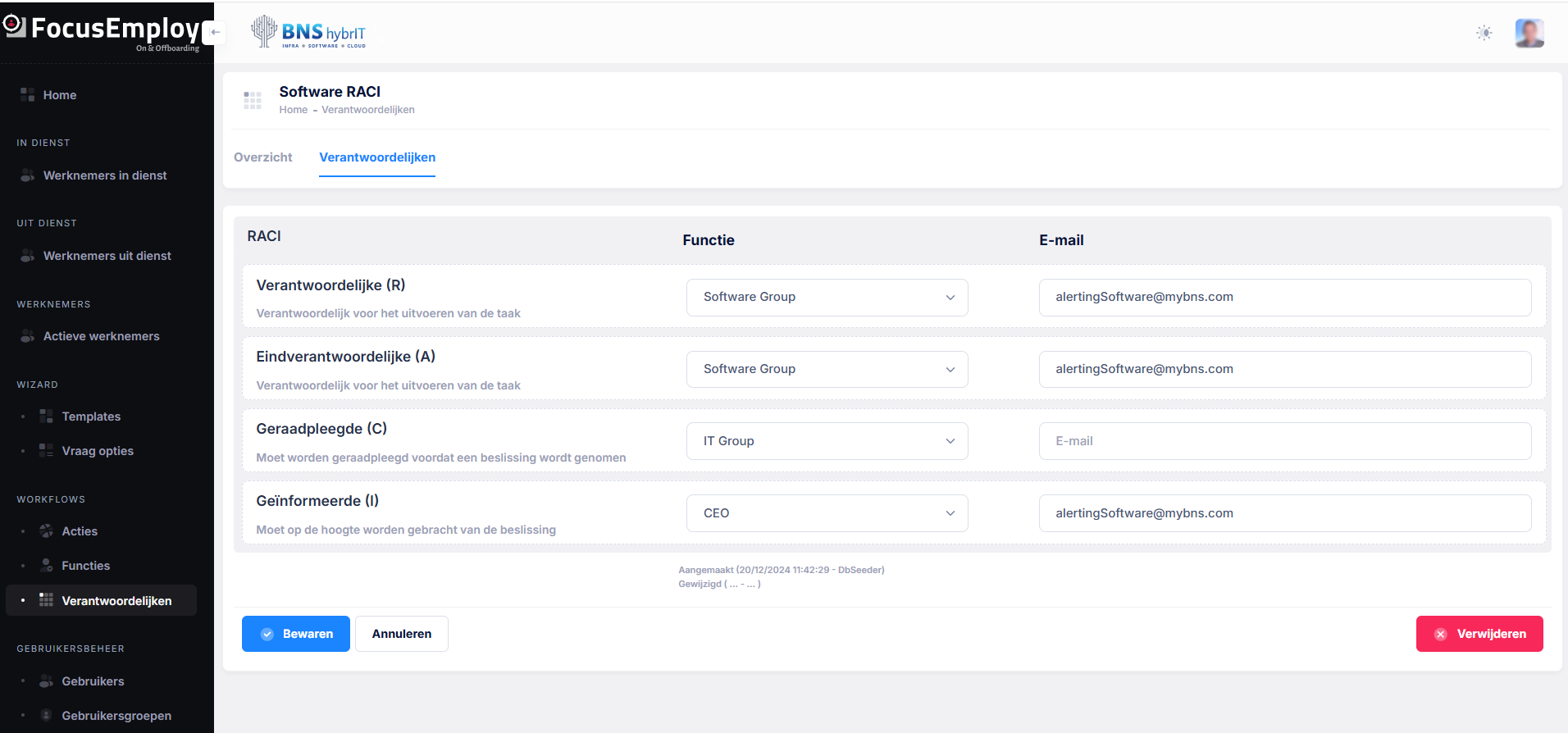 FocusEmploy - Automatisatie in- en uitdiensttreding - screenshot software RACI